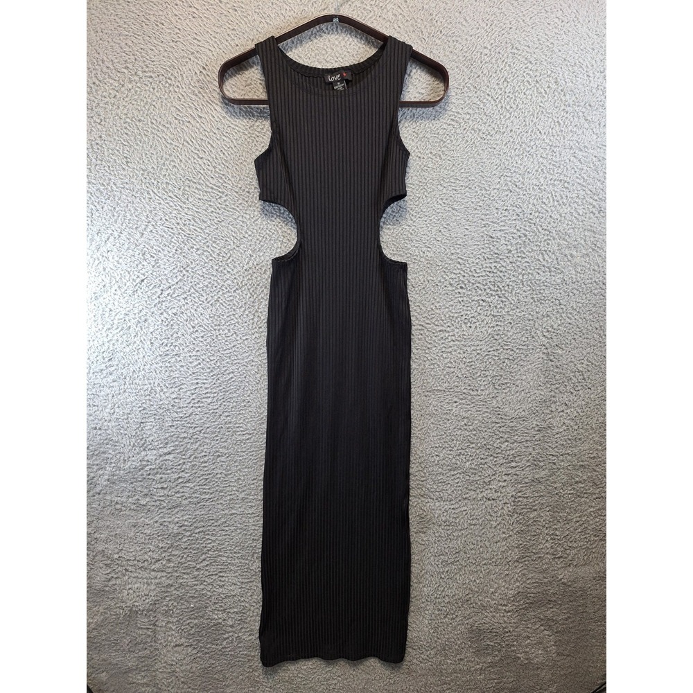 Love Maxi Dress Womens Medium Black Ribbed Knit Cut-Out‎ Waist Stretch Side Slit